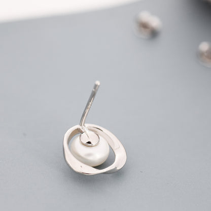 Genuine Freshwater Pearl and Mobius Circle Stud Earrings in Sterling Silver, Delicate Keshi Pearl Halo Earrings, Genuine Freshwater Pearls