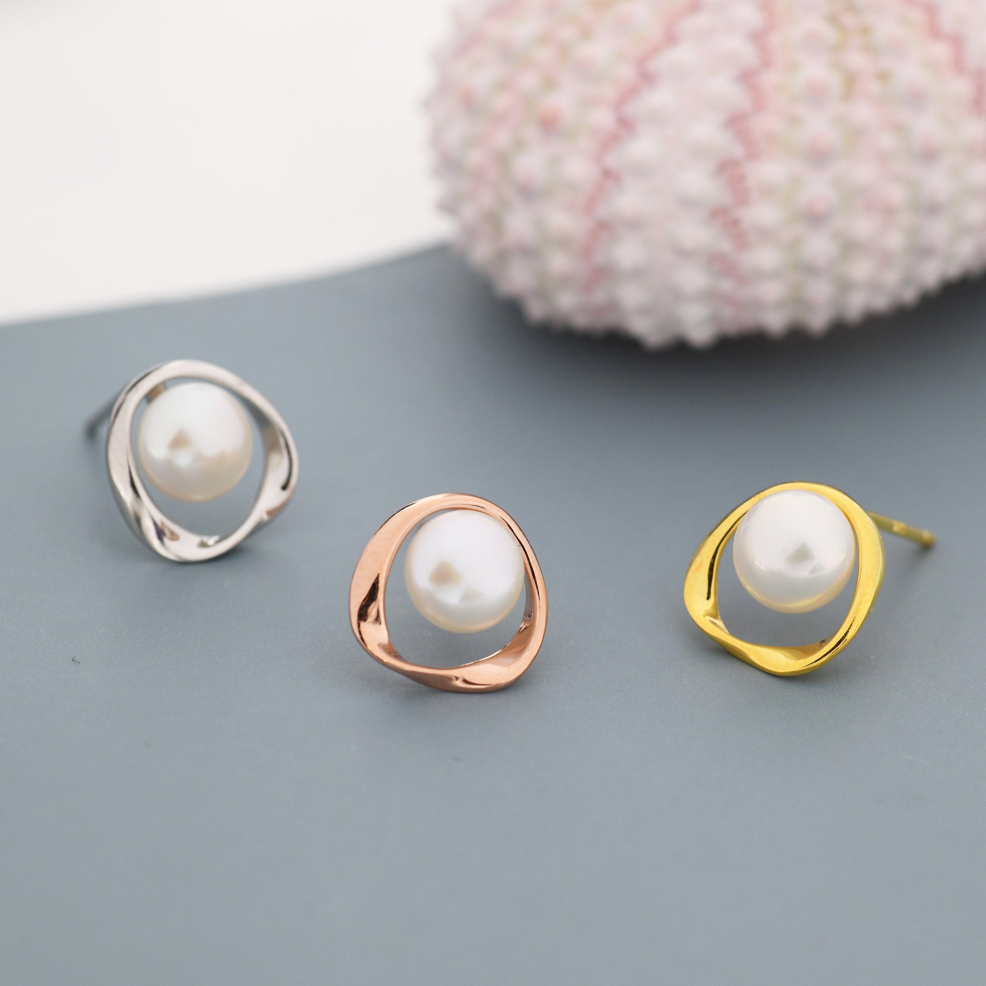 Genuine Freshwater Pearl and Mobius Circle Stud Earrings in Sterling Silver, Delicate Keshi Pearl Halo Earrings, Genuine Freshwater Pearls