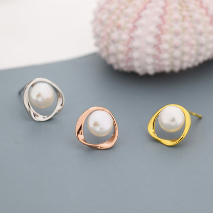 Genuine Freshwater Pearl and Mobius Circle Stud Earrings in Sterling Silver, Delicate Keshi Pearl Halo Earrings, Genuine Freshwater Pearls