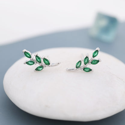 Emerald Green Leaf Internally Threaded Flat Back / Screw Back / Stud Earrings in Sterling Silver, Silver or Gold, Olive Leaf Branch Earrings