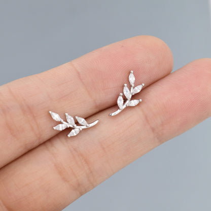 CZ Leaf Stud Earrings in Sterling Silver, Silver or Gold, Olive Branch Earrings, Olive Leaf  Earrings, Nature Inspired