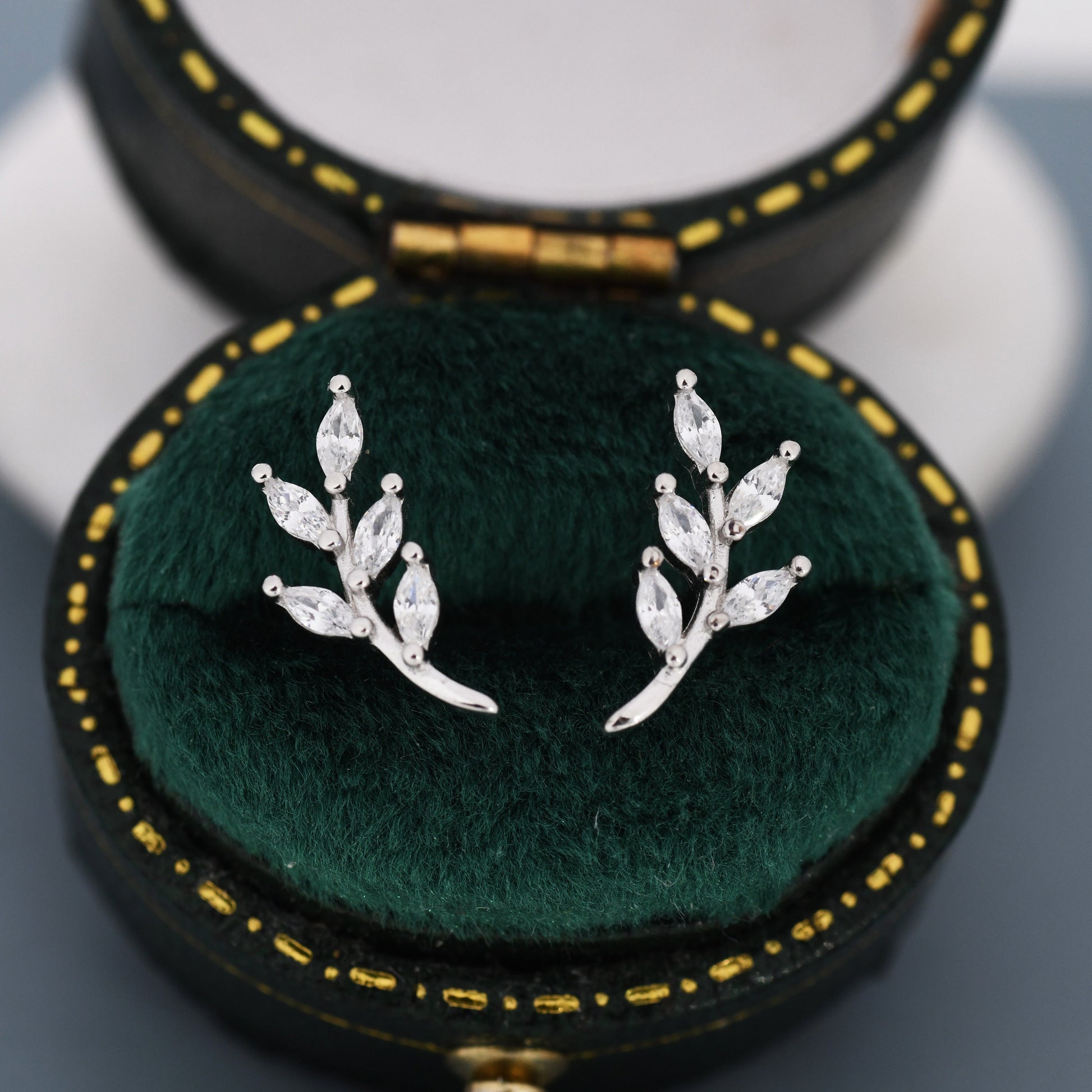 CZ Leaf Stud Earrings in Sterling Silver, Silver or Gold, Olive Branch Earrings, Olive Leaf Earrings, Nature Inspired