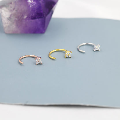 Tiny CZ Flower Huggie Hoop Earrings in Sterling Silver, Open Hoop Earrings, Pull-Through Threader Earrings, Half Hoop Earrings