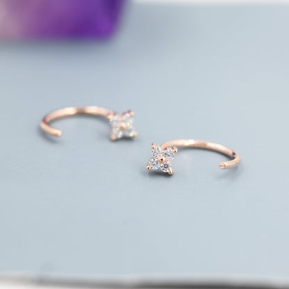 Tiny CZ Flower Huggie Hoop Earrings in Sterling Silver, Open Hoop Earrings, Pull-Through Threader Earrings, Half Hoop Earrings