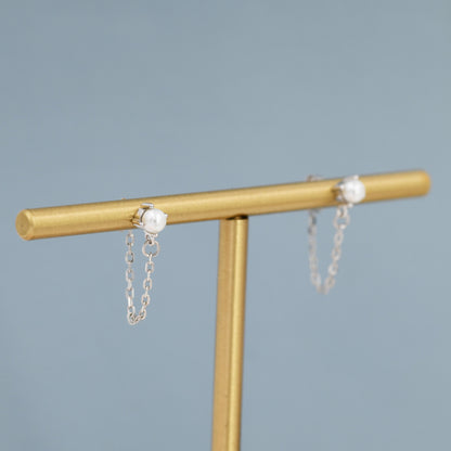 Sterling Silver Pearl and Chain Earrings in Sterling Silver, Silver or Gold or Rose Gold, Tiny Ear Jacket, Dainty Jewellery