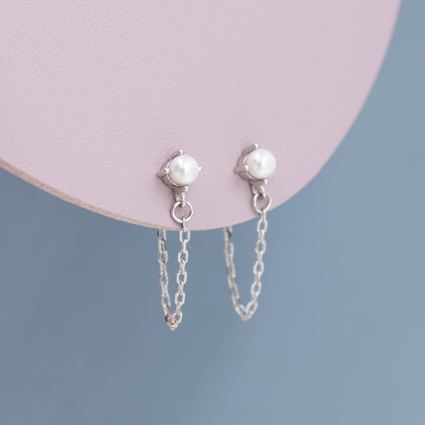 Sterling Silver Pearl and Chain Earrings in Sterling Silver, Silver or Gold or Rose Gold, Tiny Ear Jacket, Dainty Jewellery