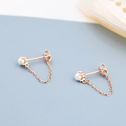 Sterling Silver Pearl and Chain Earrings in Sterling Silver, Silver or Gold or Rose Gold, Tiny Ear Jacket, Dainty Jewellery