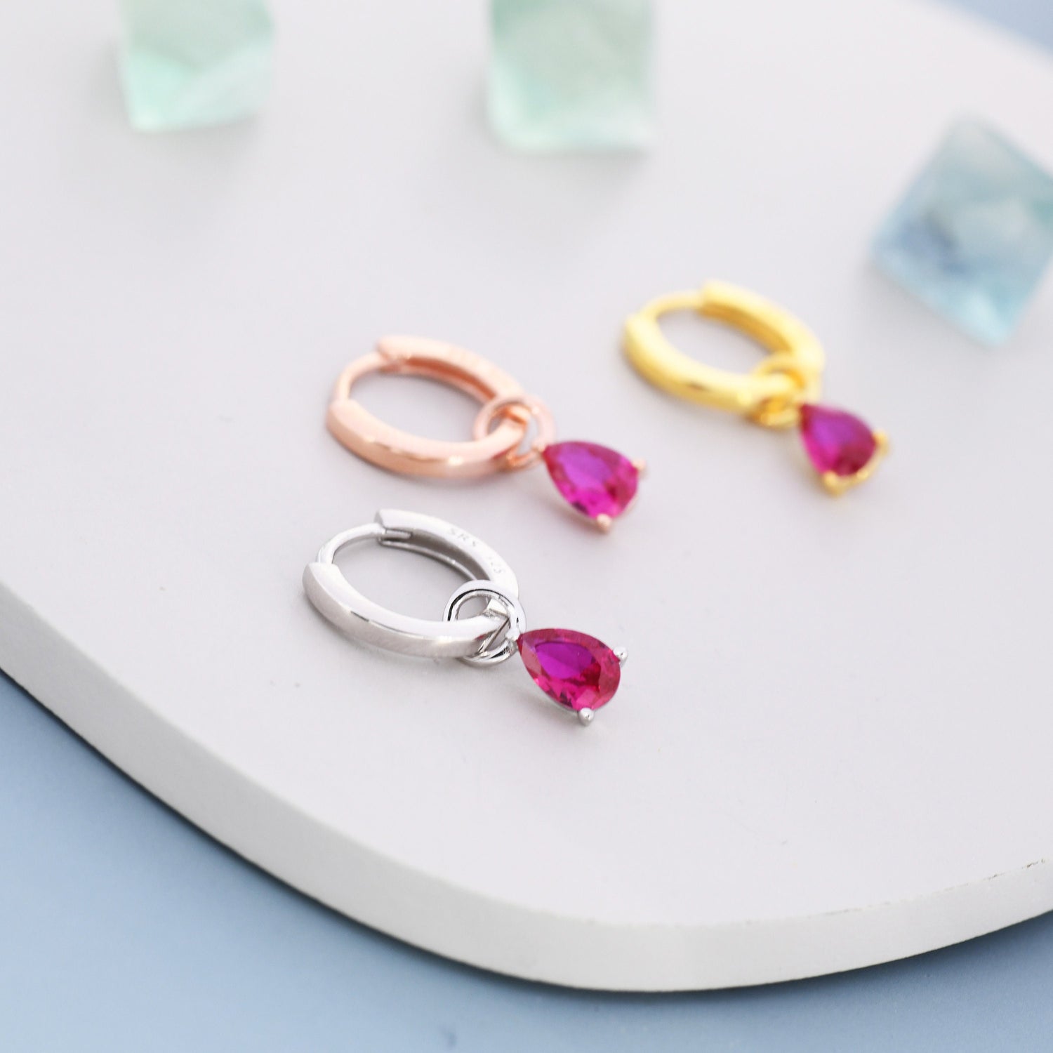 Sterling Silver Ruby Red CZ Droplet Hoop Earrings, Silver, Gold or Rose Gold, Pear Cut Drop Earrings, Interchangeable Charms, July