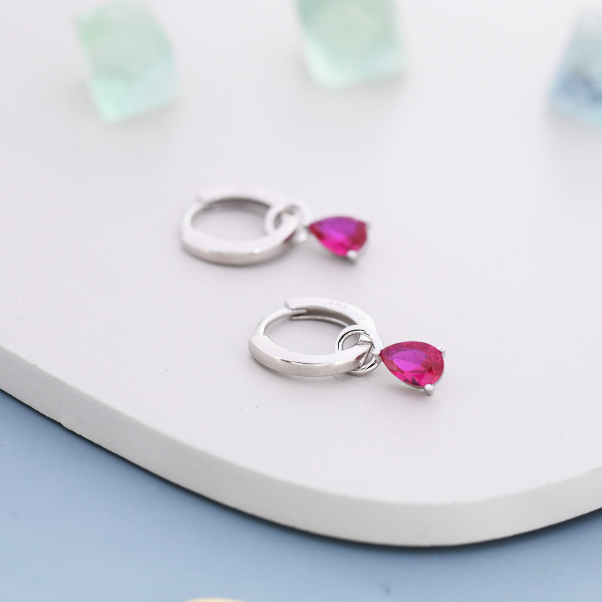 Sterling Silver Ruby Red CZ Droplet Hoop Earrings, Silver, Gold or Rose Gold, Pear Cut Drop Earrings, Interchangeable Charms, July