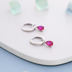 Sterling Silver Ruby Red CZ Droplet Hoop Earrings, Silver, Gold or Rose Gold, Pear Cut Drop Earrings, Interchangeable Charms, July