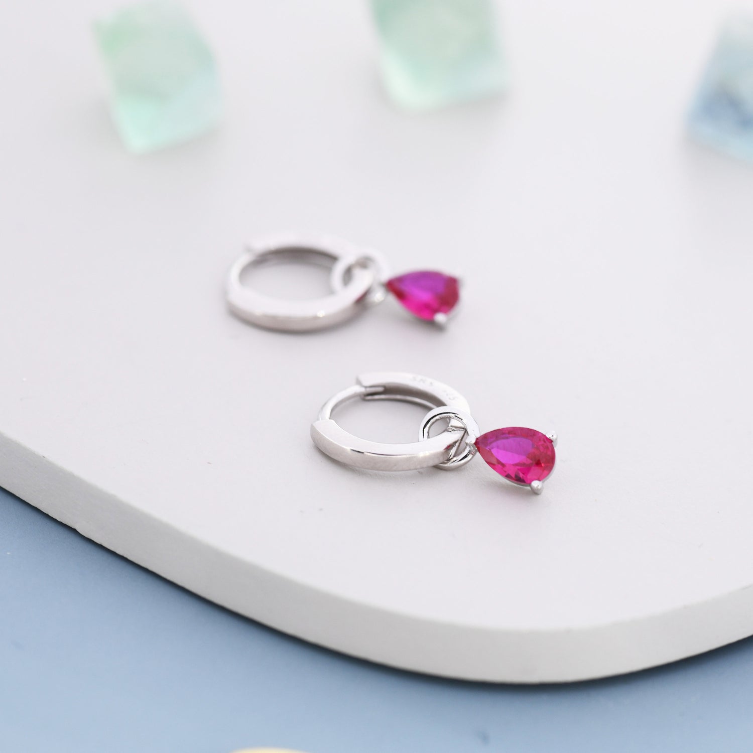 Sterling Silver Ruby Red CZ Droplet Hoop Earrings, Silver, Gold or Rose Gold, Pear Cut Drop Earrings, Interchangeable Charms, July