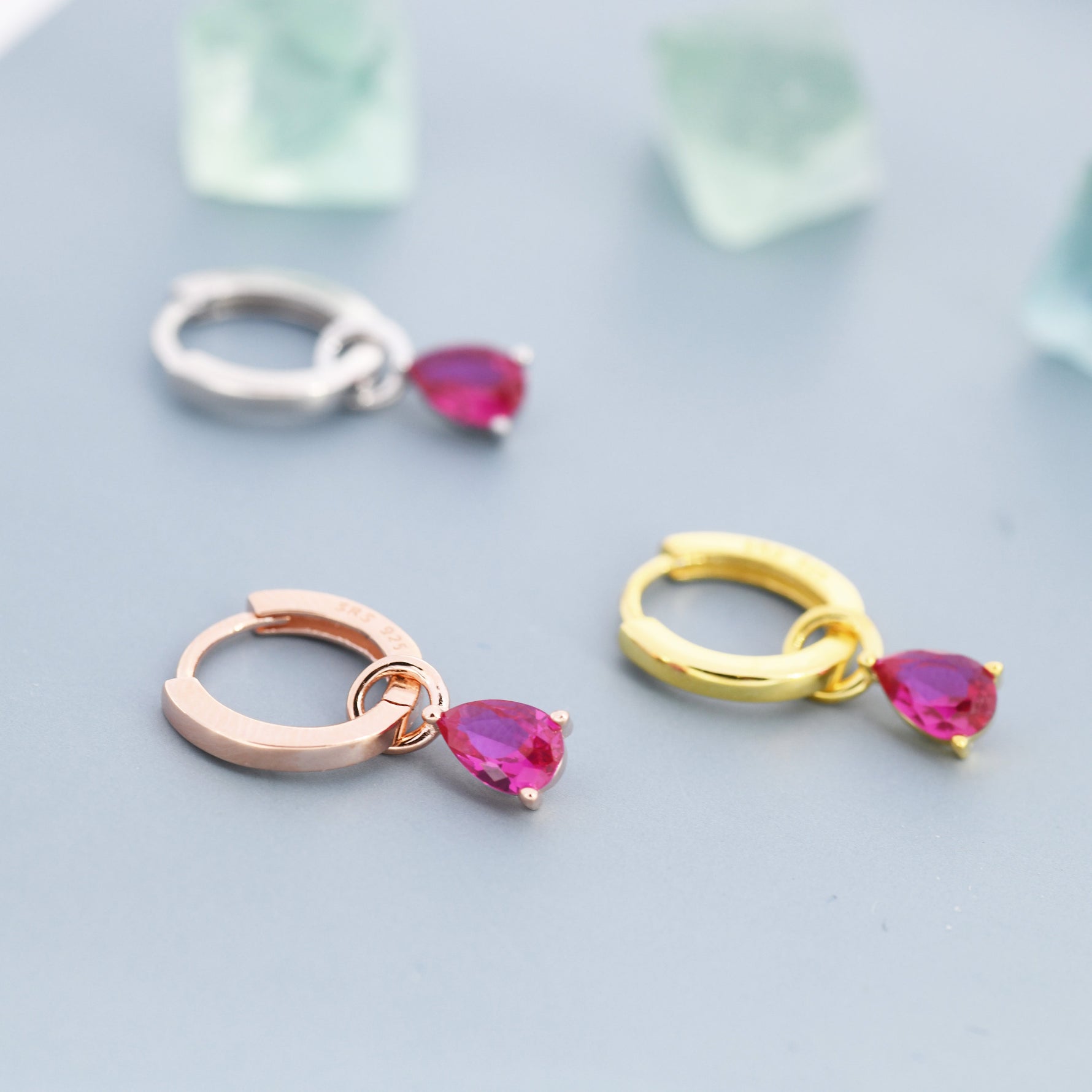 Sterling Silver Ruby Red CZ Droplet Hoop Earrings, Silver, Gold or Rose Gold, Pear Cut Drop Earrings, Interchangeable Charms, July