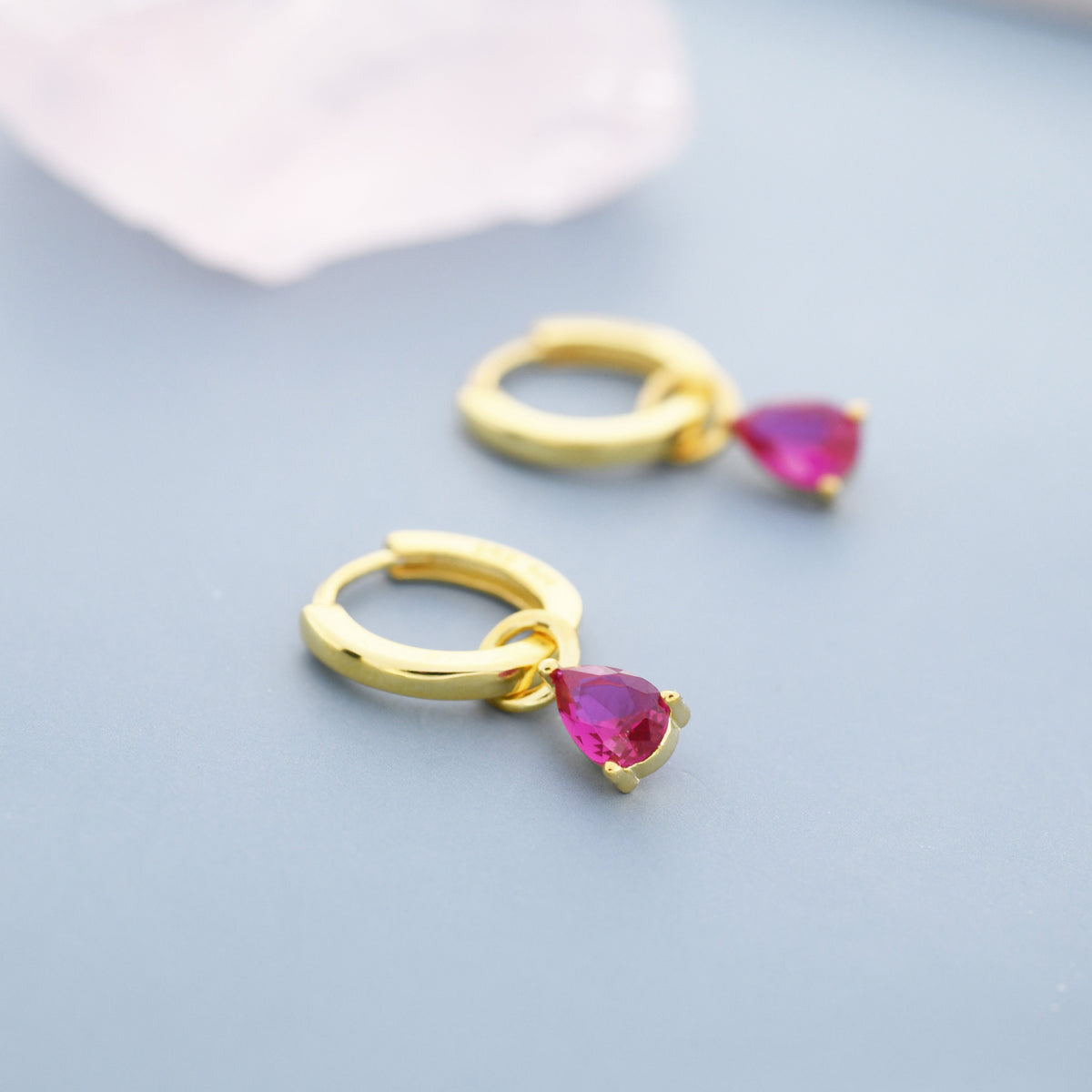 Sterling Silver Ruby Red CZ Droplet Hoop Earrings, Silver, Gold or Rose Gold, Pear Cut Drop Earrings, Interchangeable Charms, July