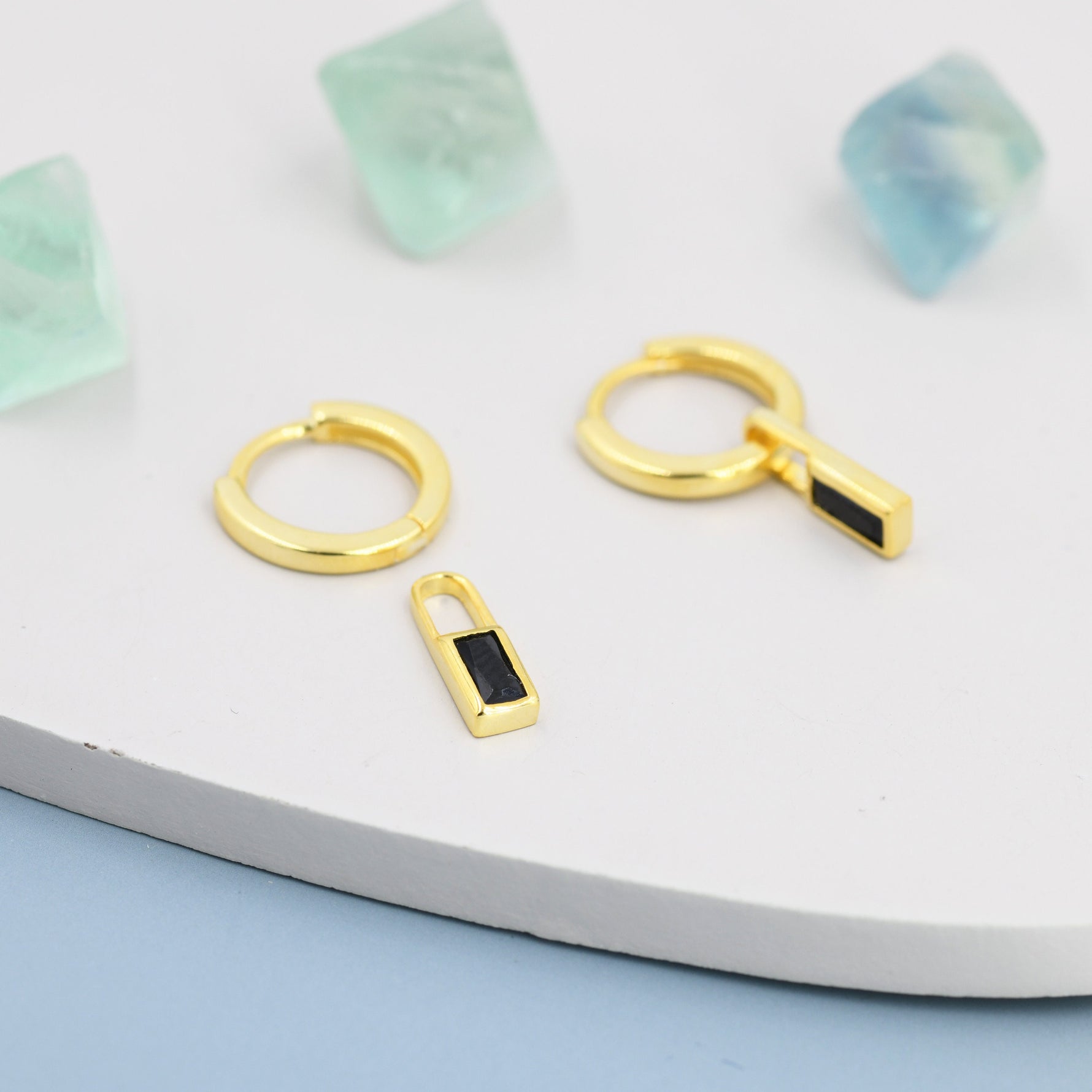 Black Baguette Cut CZ Huggie Hoop in Sterling Silver, Silver or Gold, CZ Minimalist Hoop Earrings, Detachable and Interchangeable