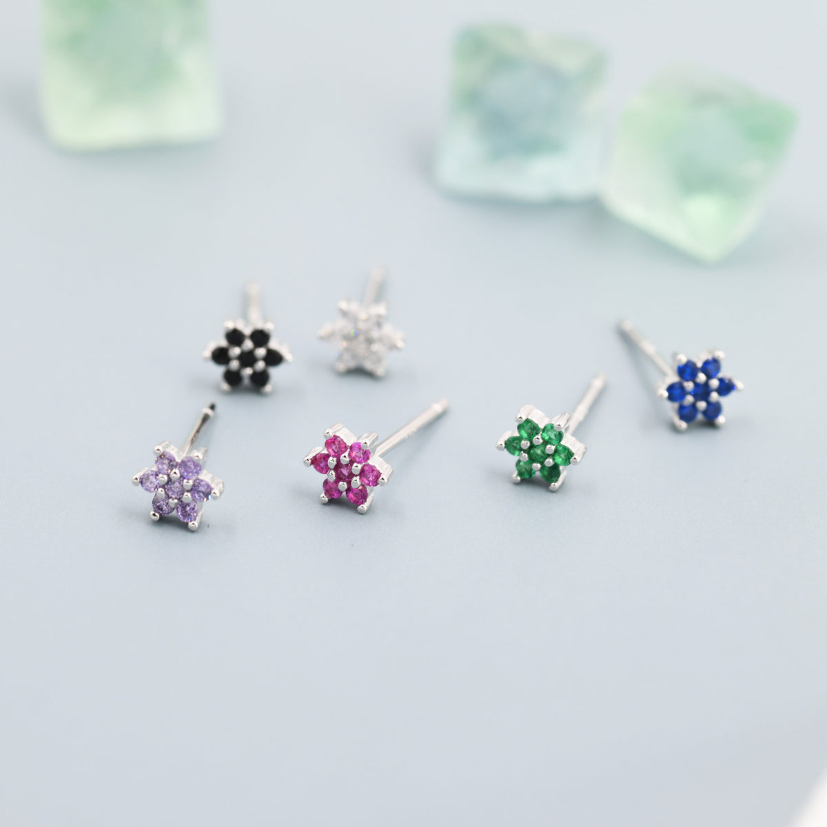 Pair of Very Tiny CZ Flower Stud Earrings in Sterling Silver, Silver or Gold Finish, Crystal Flower Earrings, Stacking Earrings, Snowflake