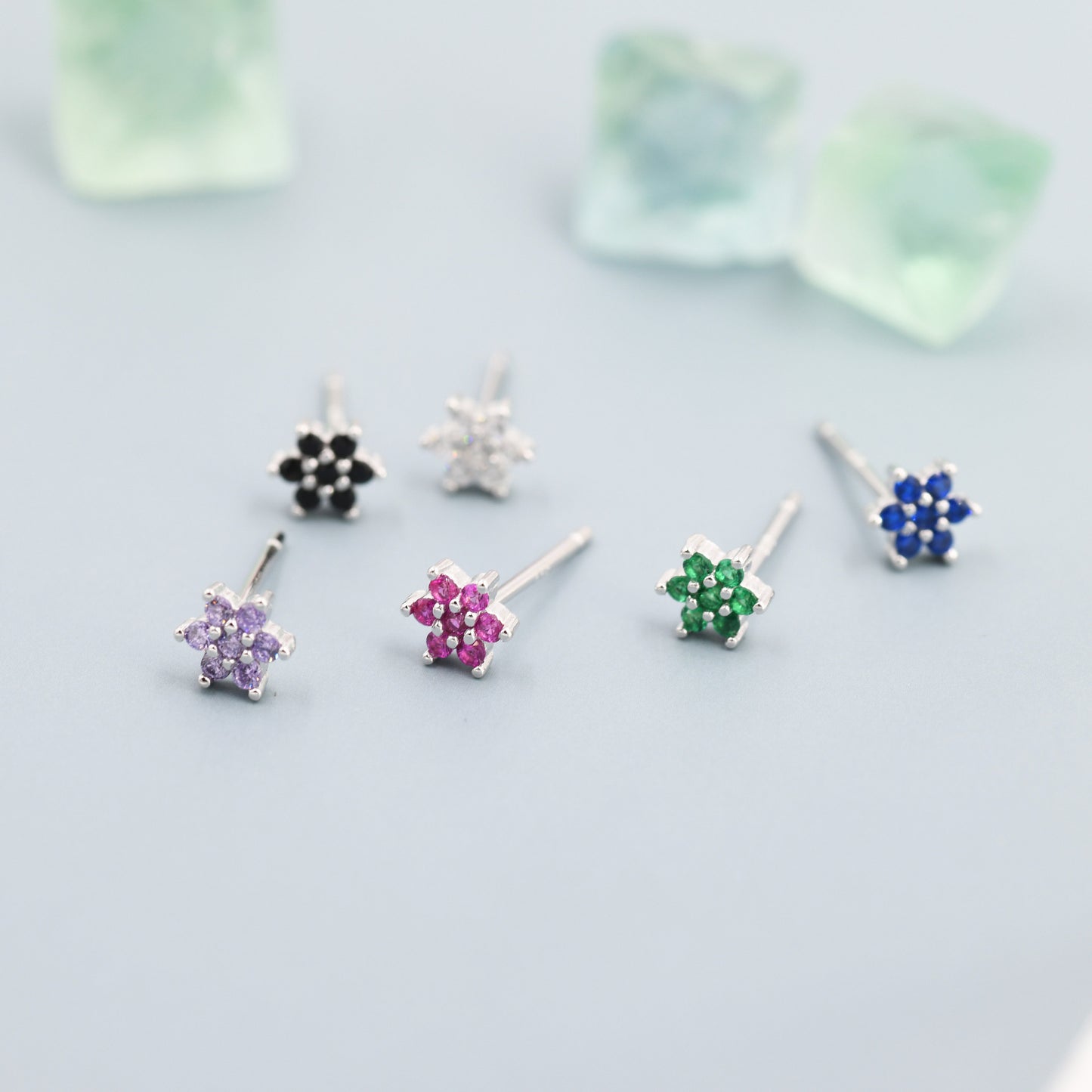 Pair of Very Tiny CZ Flower Stud Earrings in Sterling Silver, Silver or Gold Finish, Crystal Flower Earrings, Stacking Earrings, Snowflake