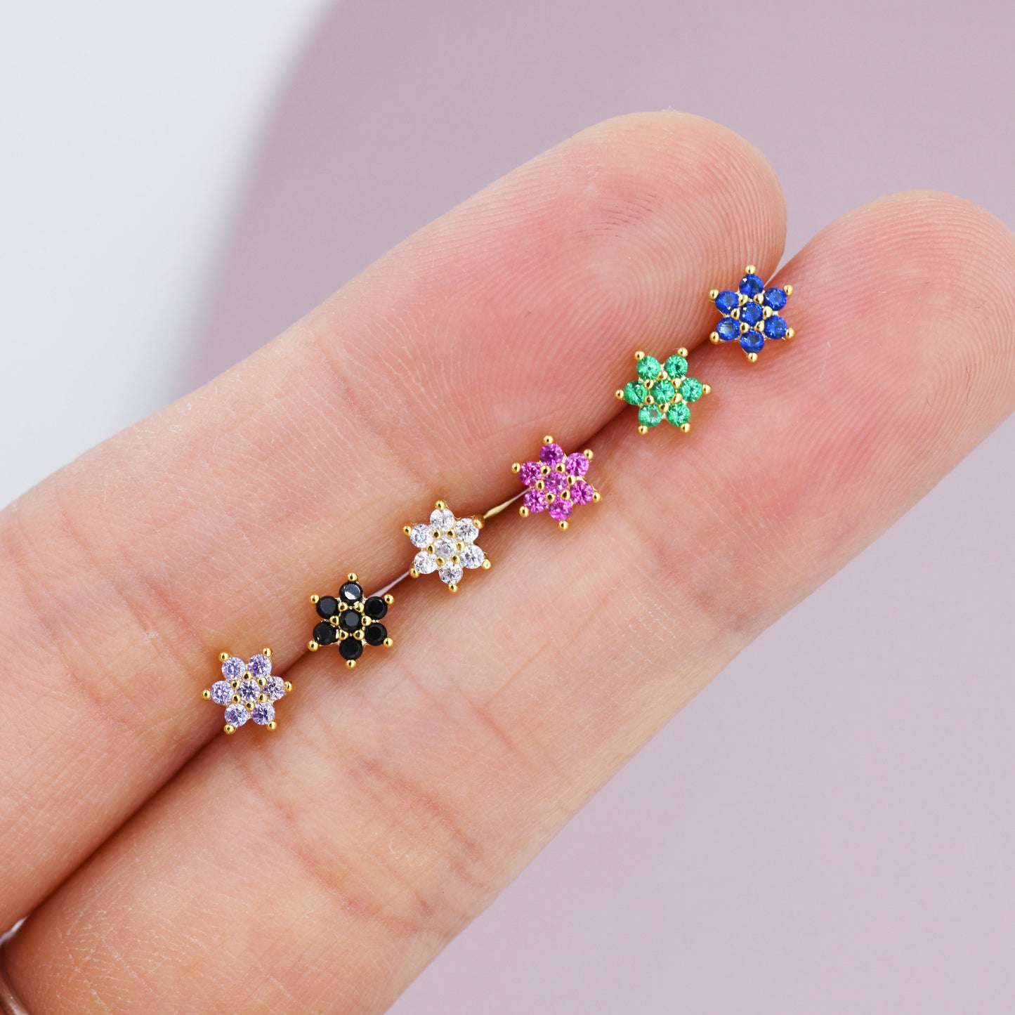 Pair of Very Tiny CZ Flower Stud Earrings in Sterling Silver, Silver or Gold Finish, Crystal Flower Earrings, Stacking Earrings, Snowflake