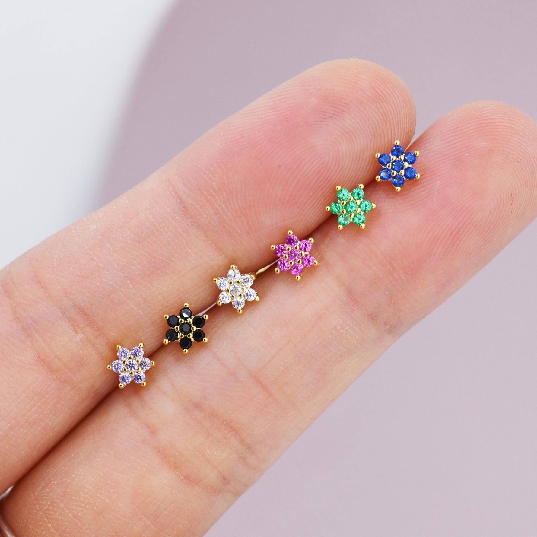 Pair of Very Tiny CZ Flower Stud Earrings in Sterling Silver, Silver or Gold Finish, Crystal Flower Earrings, Stacking Earrings, Snowflake