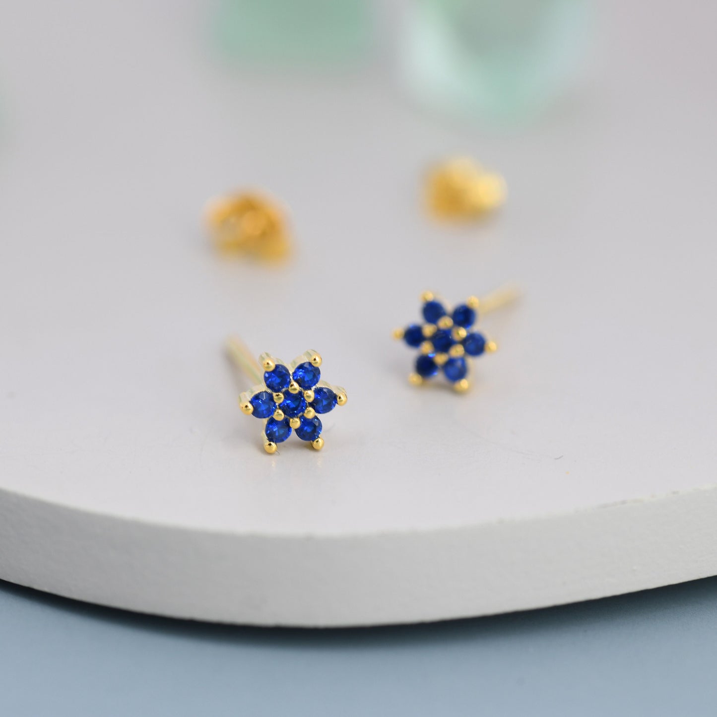 Pair of Very Tiny Sapphire Blue CZ Flower Stud Earrings in Sterling Silver, Silver or Gold, Crystal Flower Earrings, Stacking Earrings