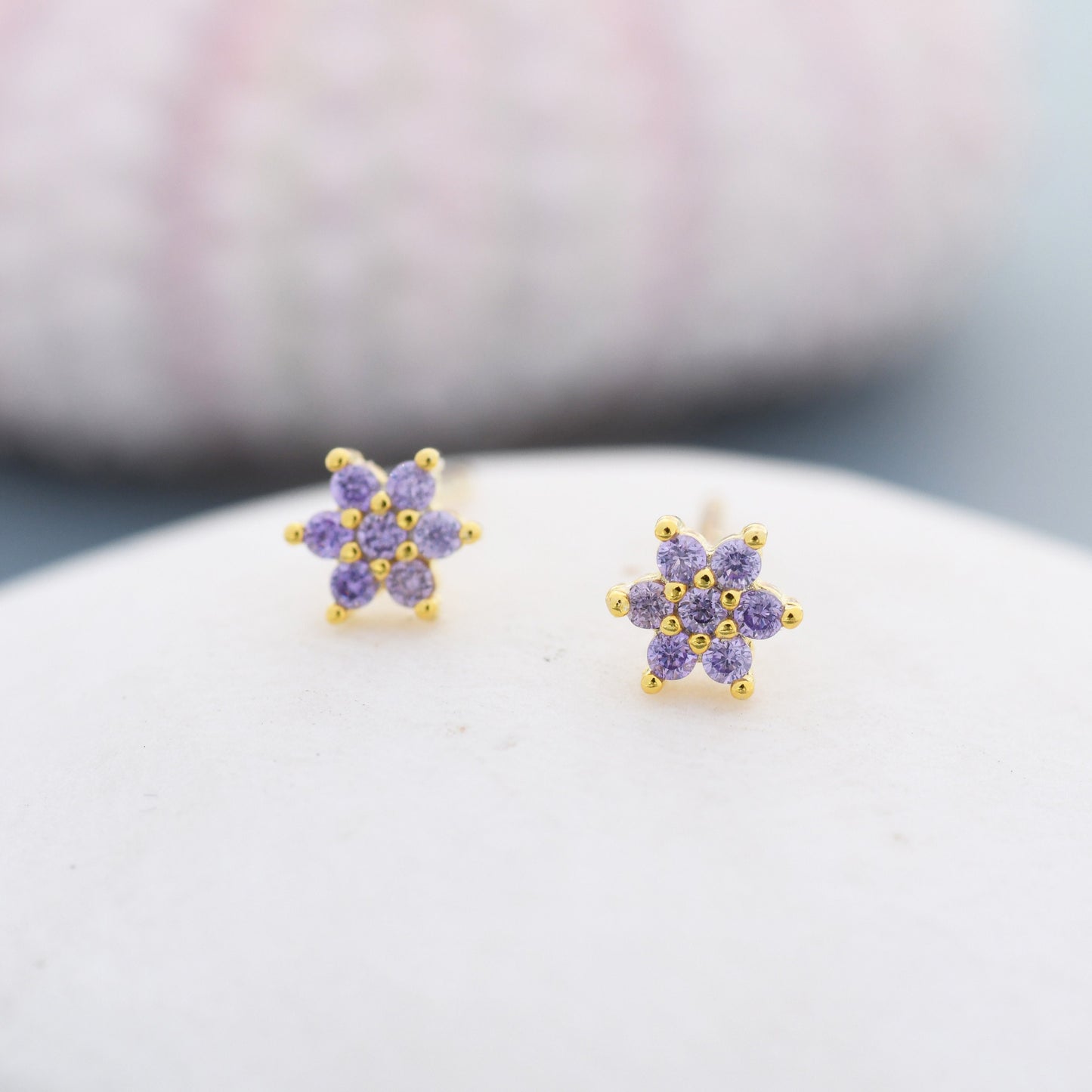 Very Tiny Amethyst Purple CZ Flower Stud Earrings in Sterling Silver, Silver or Gold, Crystal Flower Earrings, Stacking Earrings