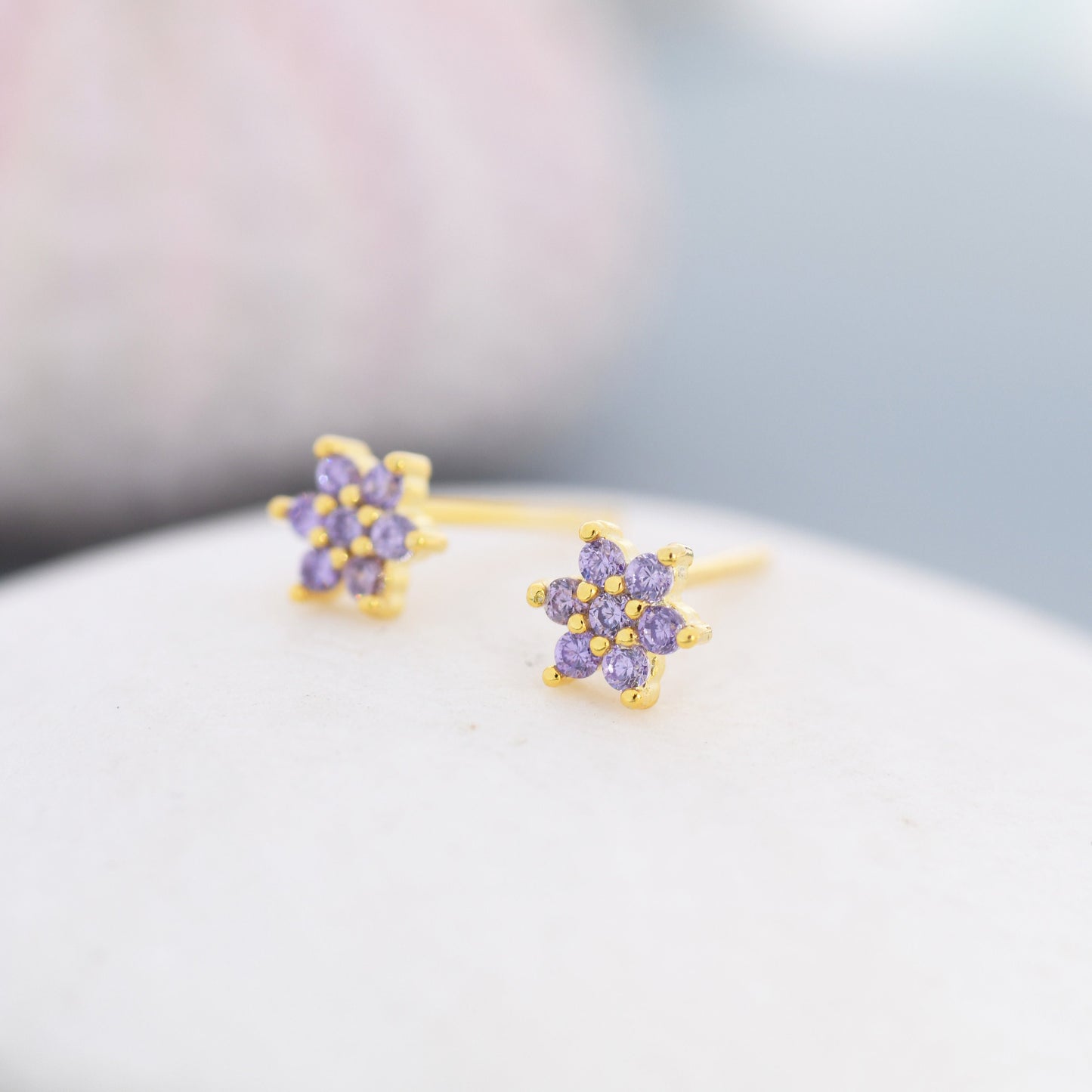 Very Tiny Amethyst Purple CZ Flower Stud Earrings in Sterling Silver, Silver or Gold, Crystal Flower Earrings, Stacking Earrings