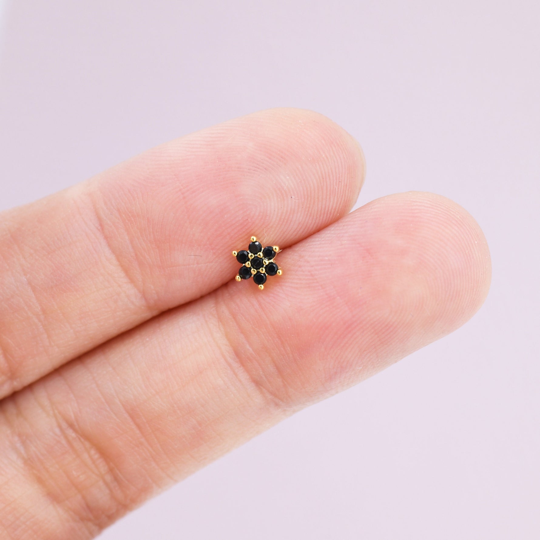 Pair of Very Tiny Black CZ Flower Stud Earrings in Sterling Silver, Silver or Gold, Crystal Flower Earrings, Stacking Earrings