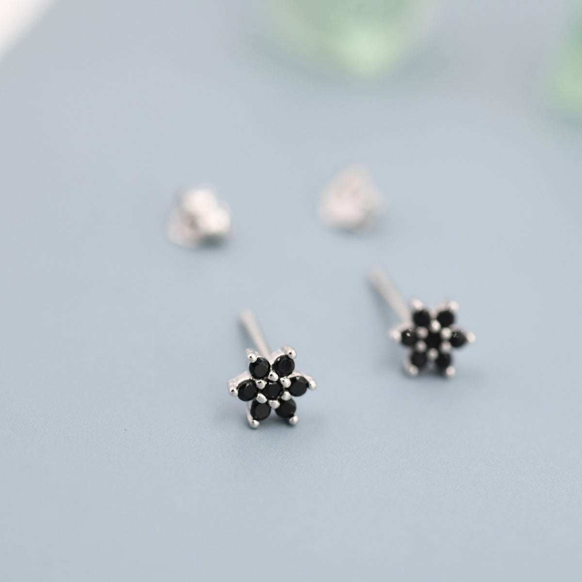 Pair of Very Tiny Black CZ Flower Stud Earrings in Sterling Silver, Silver or Gold, Crystal Flower Earrings, Stacking Earrings