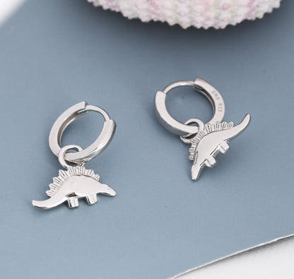 Sterling Silver Dinosaur Dangle Hoop Earrings, Silver, Gold or Rose Gold,  Stegosaurus Huggie Hoops, Interchangeable Charms, Detachable