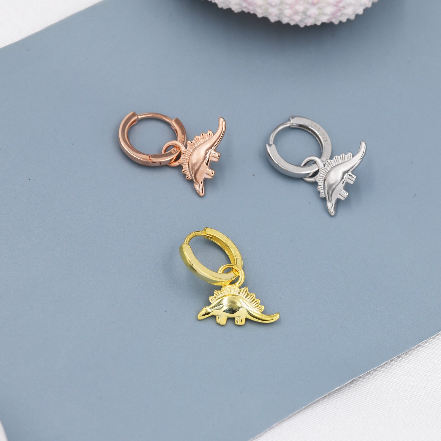 Sterling Silver Dinosaur Dangle Hoop Earrings, Silver, Gold or Rose Gold,  Stegosaurus Huggie Hoops, Interchangeable Charms, Detachable