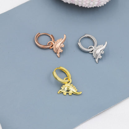 Sterling Silver Dinosaur Dangle Hoop Earrings, Silver, Gold or Rose Gold,  Stegosaurus Huggie Hoops, Interchangeable Charms, Detachable