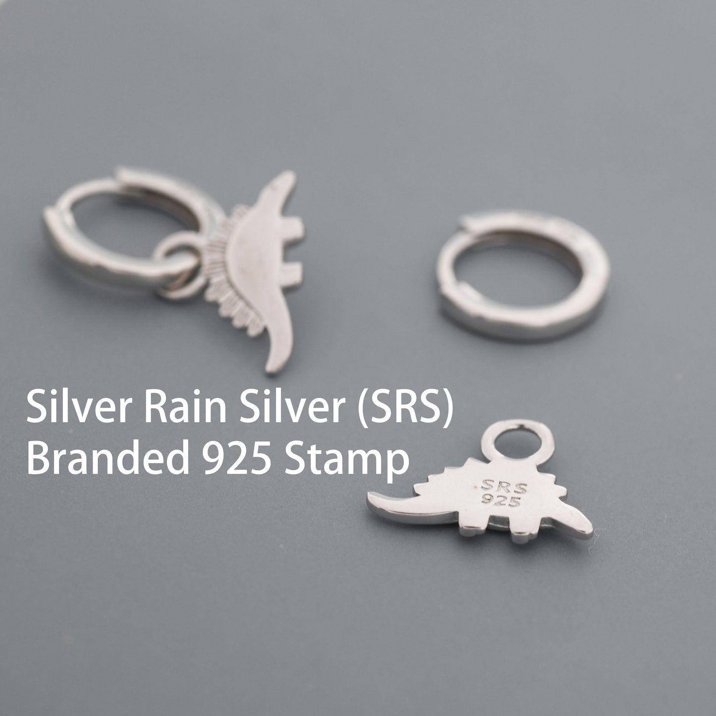 Sterling Silver Dinosaur Dangle Hoop Earrings, Silver, Gold or Rose Gold,  Stegosaurus Huggie Hoops, Interchangeable Charms, Detachable