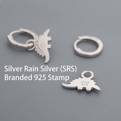 Sterling Silver Dinosaur Dangle Hoop Earrings, Silver, Gold or Rose Gold,  Stegosaurus Huggie Hoops, Interchangeable Charms, Detachable