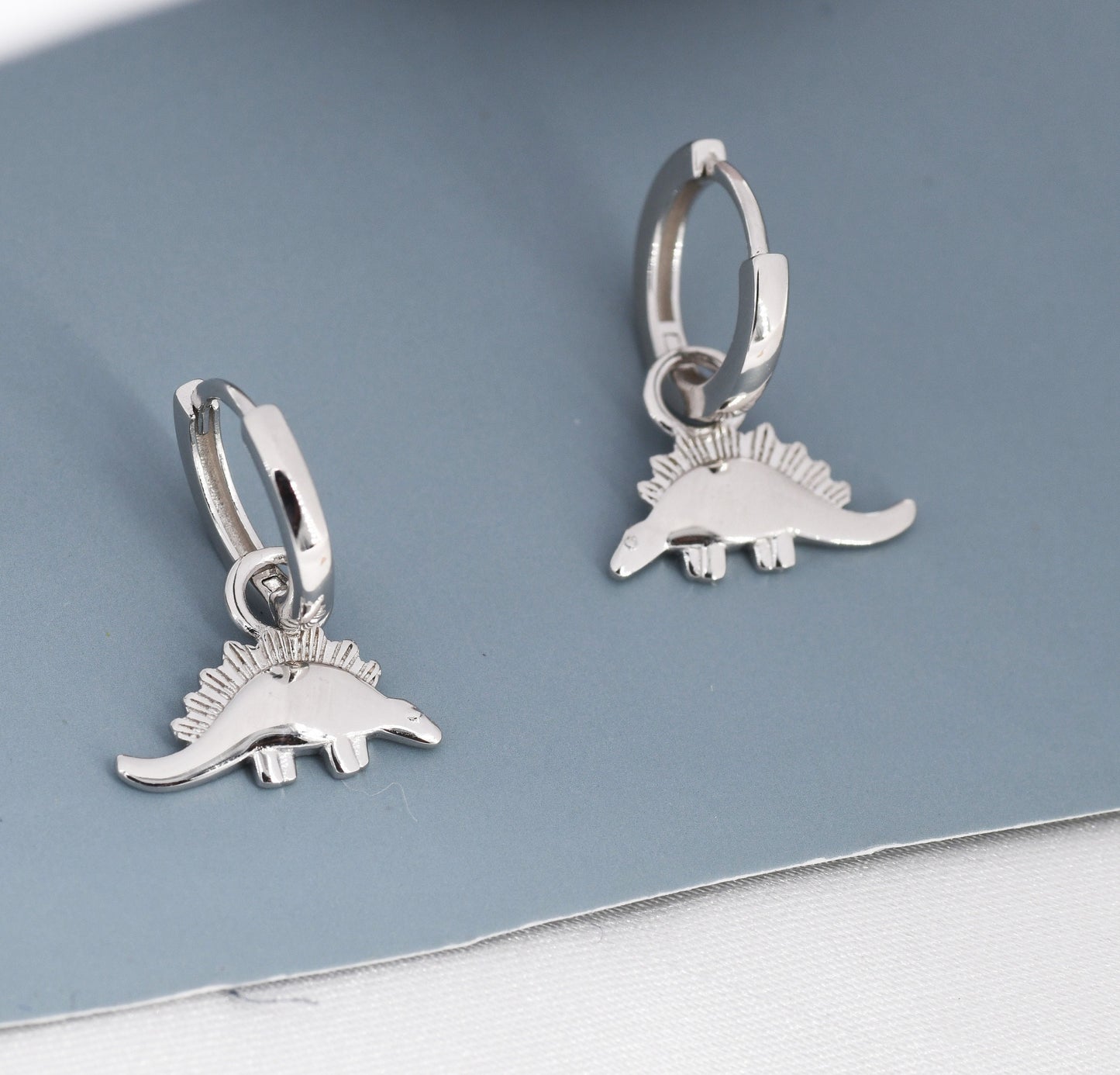 Sterling Silver Dinosaur Dangle Hoop Earrings, Silver, Gold or Rose Gold,  Stegosaurus Huggie Hoops, Interchangeable Charms, Detachable