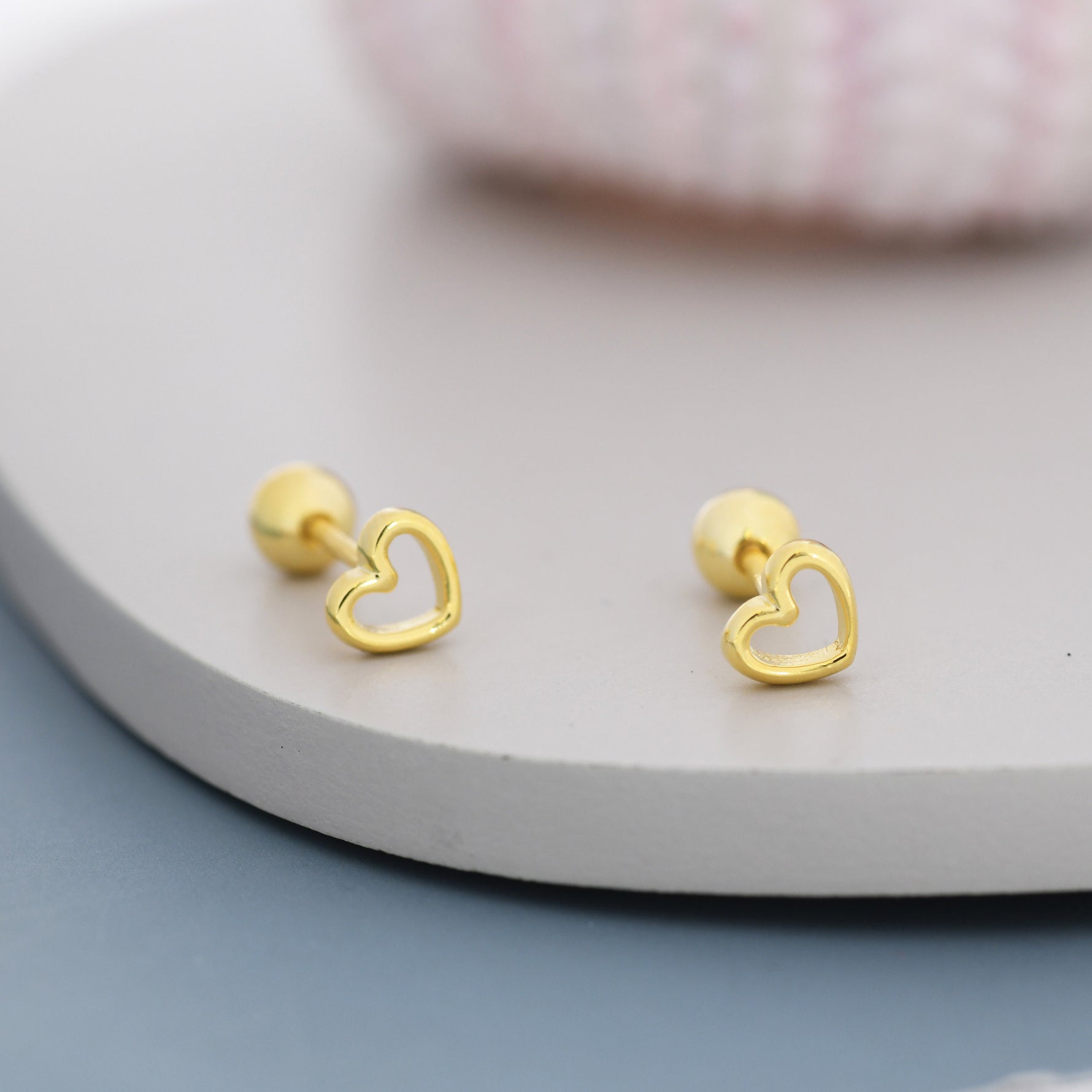 Tiny Open Heart Screw Back / Flat Back Earrings in Sterling Silver, Silver, Gold or Rose Gold, Geometric Minimalist Design
