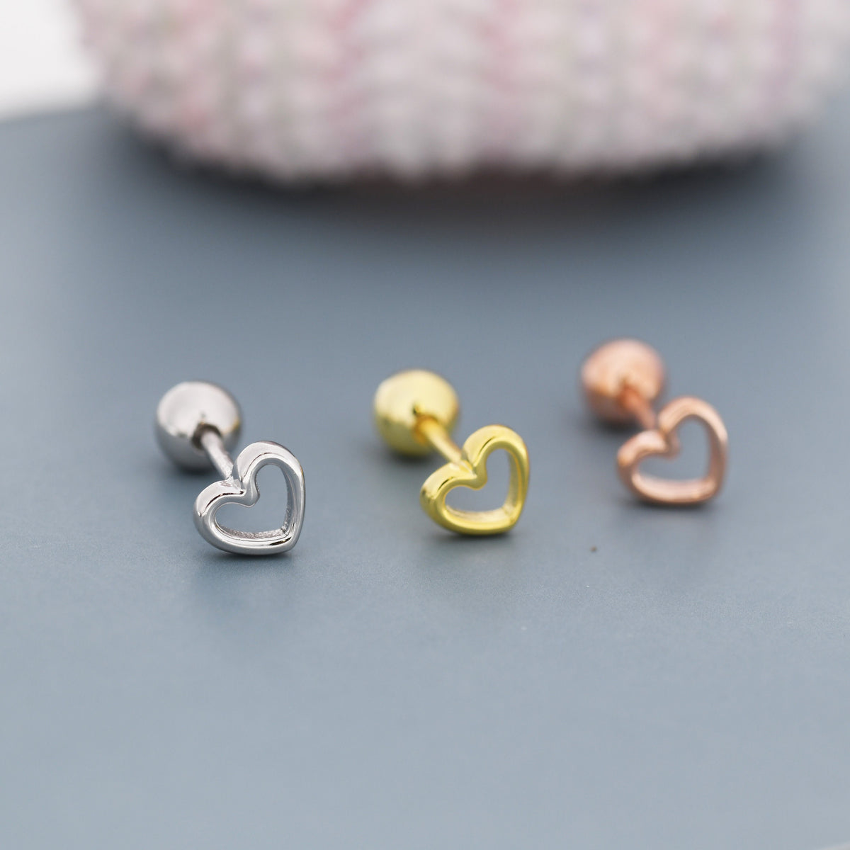 Tiny Open Heart Screw Back / Flat Back Earrings in Sterling Silver, Silver, Gold or Rose Gold, Geometric Minimalist Design