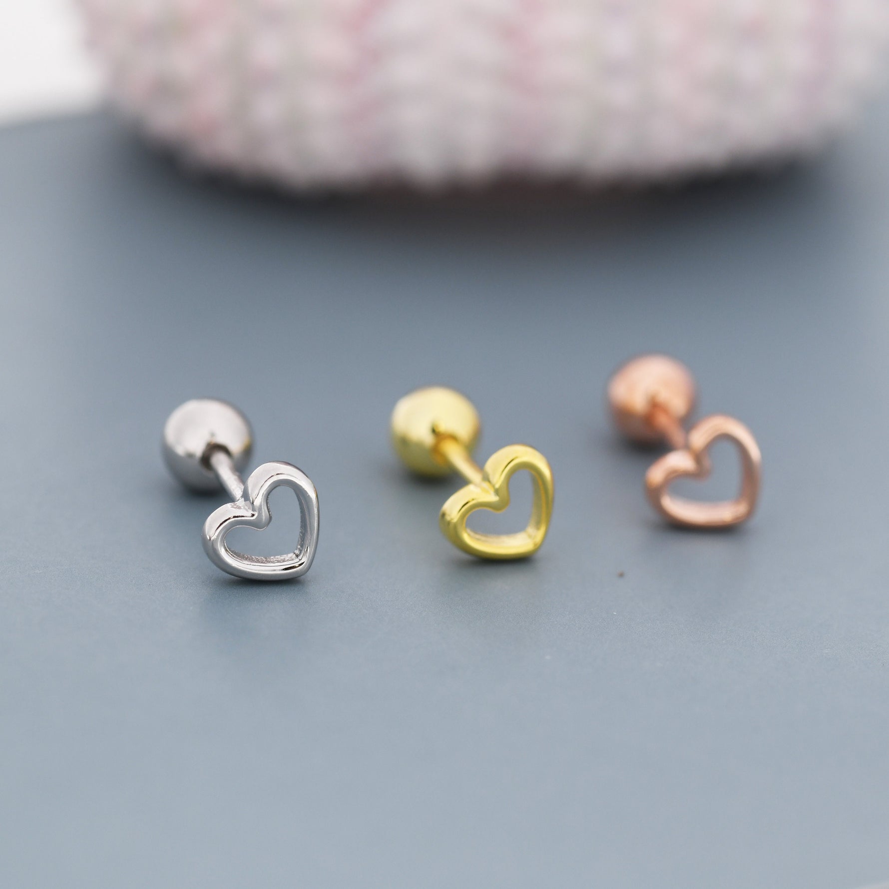 Tiny Open Heart Screw Back / Flat Back Earrings in Sterling Silver, Silver, Gold or Rose Gold, Geometric Minimalist Design