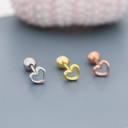 Tiny Open Heart Screw back Earrings in Sterling Silver, Silver, Gold or Rose Gold, Geometric Minimalist Design, Screwback, Sold as a Pair!