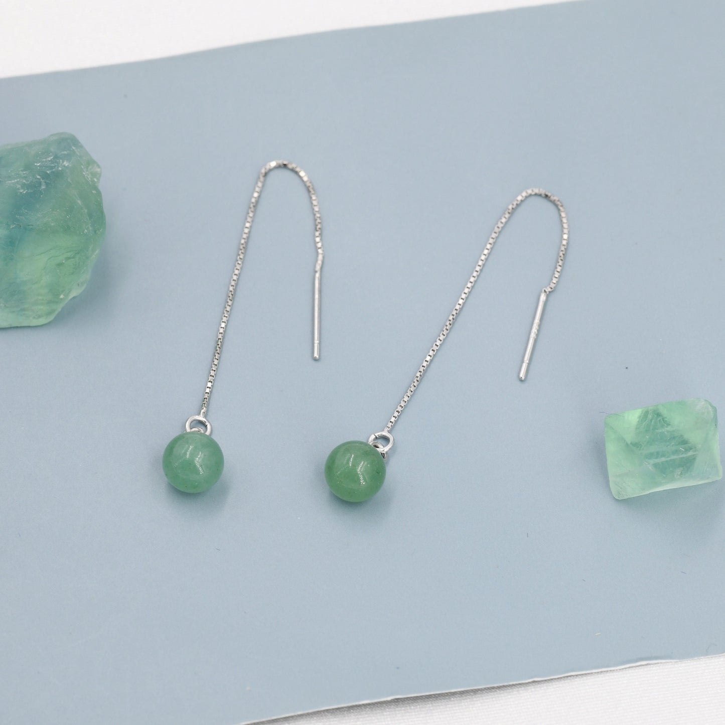 Natural Jasper Jade Threader Earrings in Sterling Silver, Silver or Gold,  Genuine Jade Ball Ear Threaders