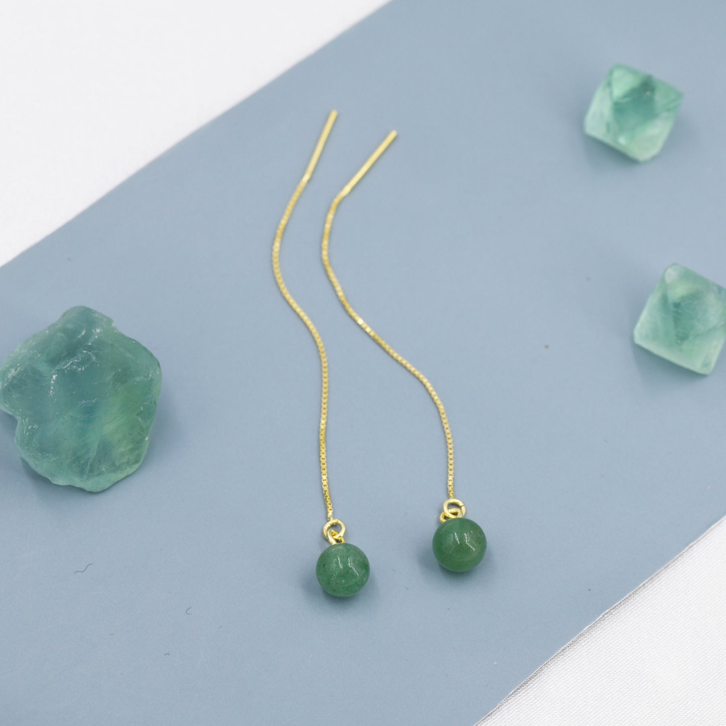 Natural Jasper Jade Threader Earrings in Sterling Silver, Silver or Gold,  Genuine Jade Ball Ear Threaders