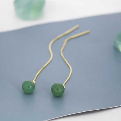 Natural Jasper Jade Threader Earrings in Sterling Silver, Silver or Gold,  Genuine Jade Ball Ear Threaders