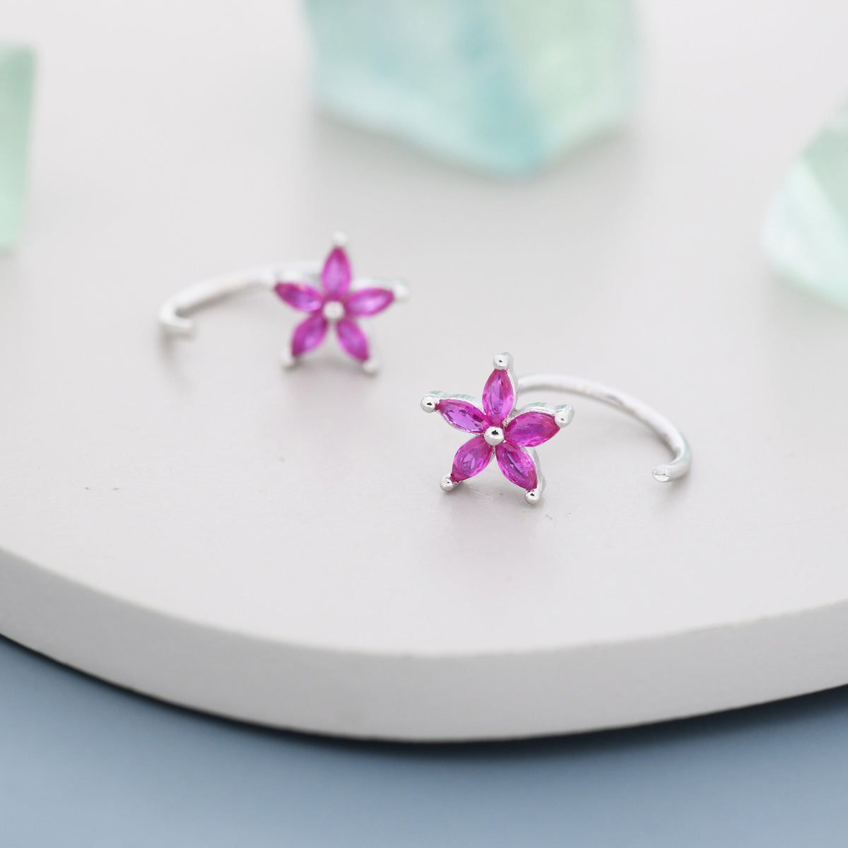 Sterling Silver Ruby Pink CZ Flower Huggie Hoop Earrings, Gold or Silver, Marquise CZ Flower Threader Hoop Earrings, Pull Through C Shape