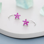 Sterling Silver Ruby Pink CZ Flower Huggie Hoop Earrings, Gold or Silver, Marquise CZ Flower Threader Hoop Earrings, Pull Through C Shape