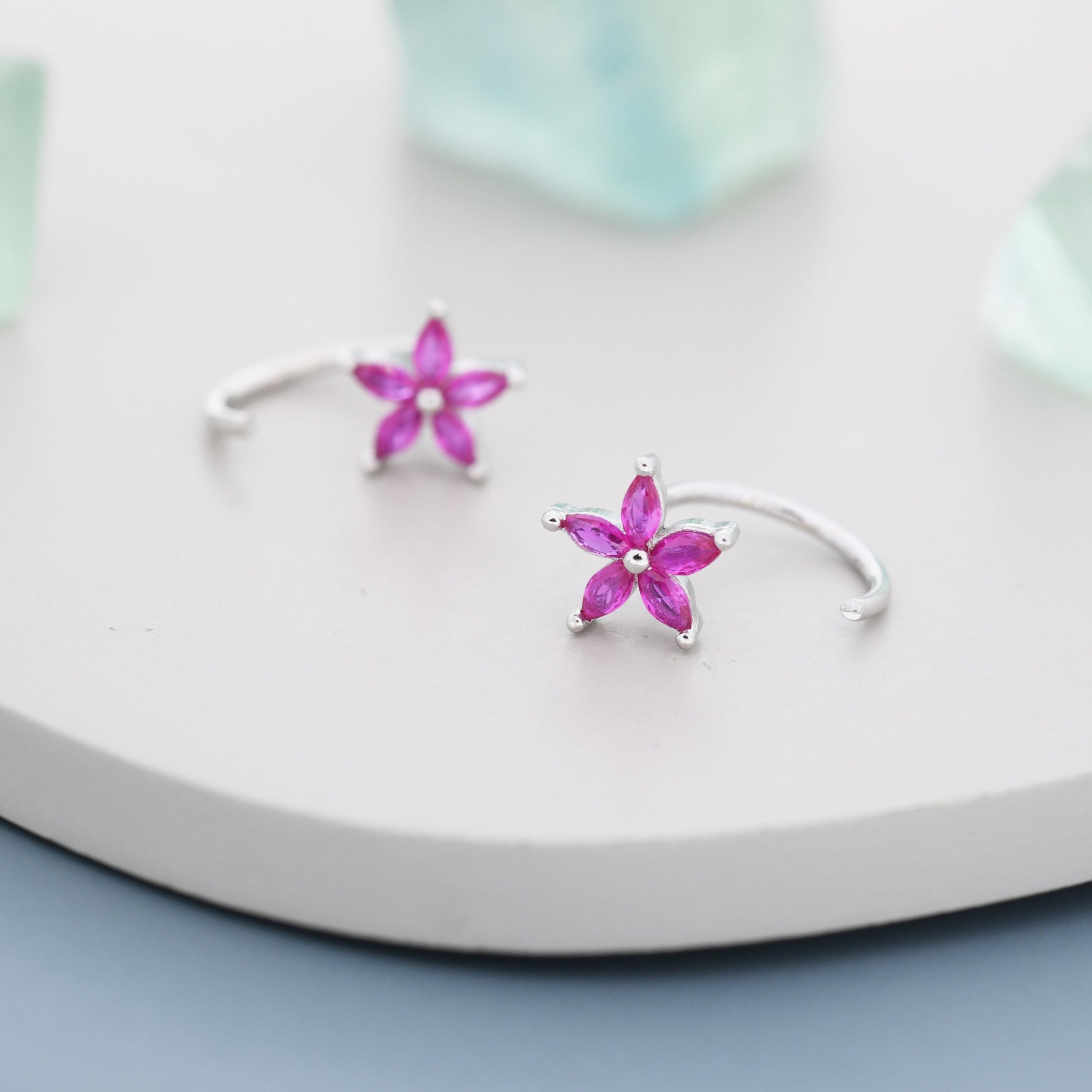 Sterling Silver Ruby Pink CZ Flower Huggie Hoop Earrings, Gold or Silver, Marquise CZ Flower Threader Hoop Earrings, Pull Through C Shape