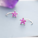 Sterling Silver Ruby Pink CZ Flower Huggie Hoop Earrings, Gold or Silver, Marquise CZ Flower Threader Hoop Earrings, Pull Through C Shape