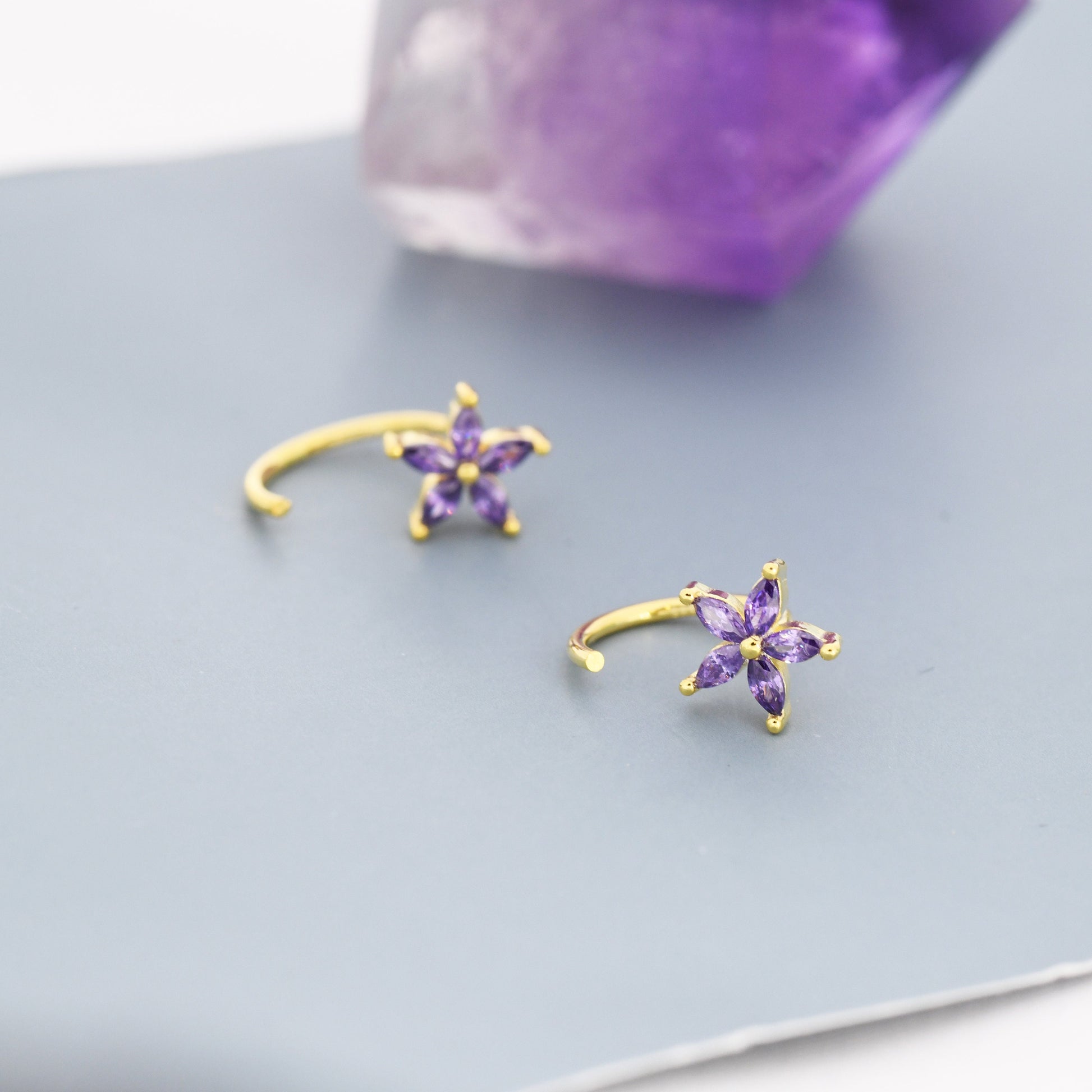 Amethyst Purple CZ Flower Huggie Hoop Earrings in Sterling Silver, Gold or Silver, Marquise CZ Flower Threader Hoop Earrings, Pull Through