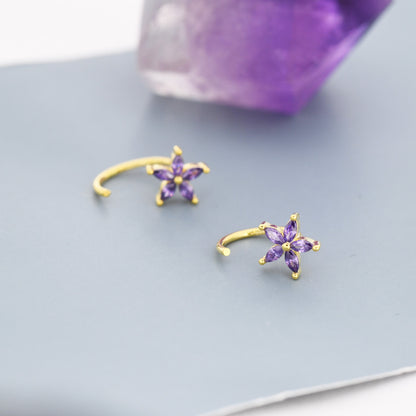 Amethyst Purple CZ Flower Huggie Hoop Earrings in Sterling Silver, Gold or Silver, Marquise CZ Flower Threader Hoop Earrings, Pull Through