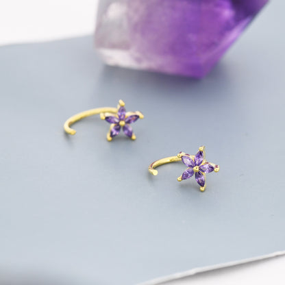 Amethyst Purple CZ Flower Huggie Hoop Earrings in Sterling Silver,  Gold or Silver, Marquise CZ Flower Threader Hoop Earrings, Pull Through