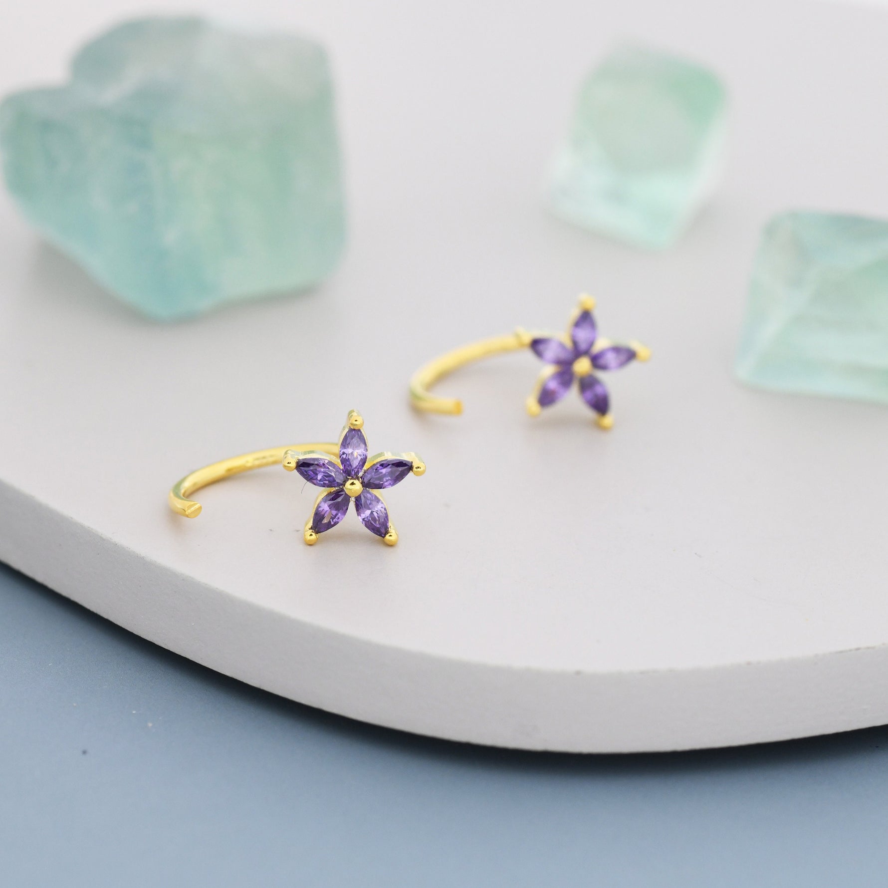 Amethyst Purple CZ Flower Huggie Hoop Earrings in Sterling Silver, Gold or Silver, Marquise CZ Flower Threader Hoop Earrings, Pull Through