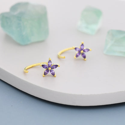 Amethyst Purple CZ Flower Huggie Hoop Earrings in Sterling Silver, Gold or Silver, Marquise CZ Flower Threader Hoop Earrings, Pull Through