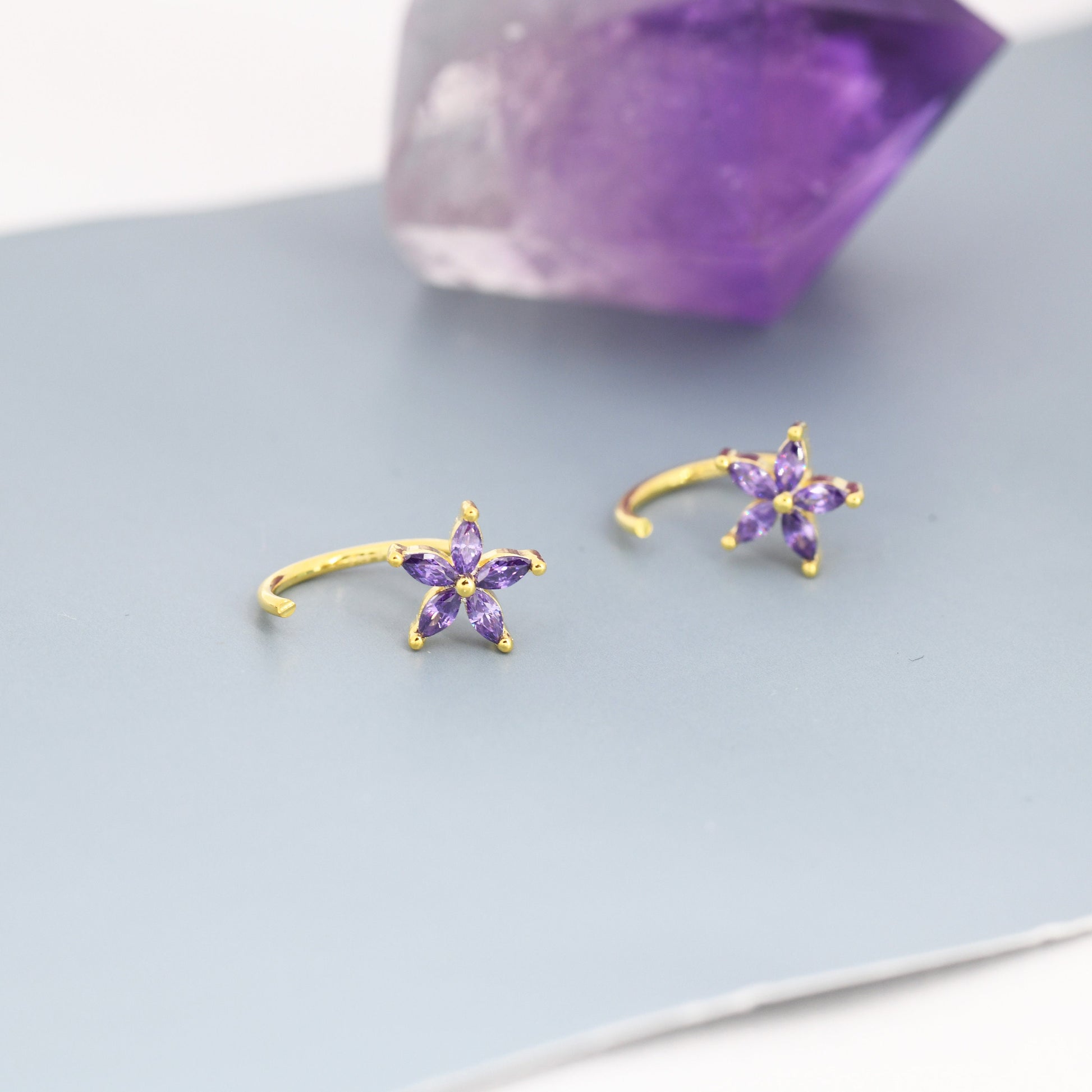 Amethyst Purple CZ Flower Huggie Hoop Earrings in Sterling Silver, Gold or Silver, Marquise CZ Flower Threader Hoop Earrings, Pull Through